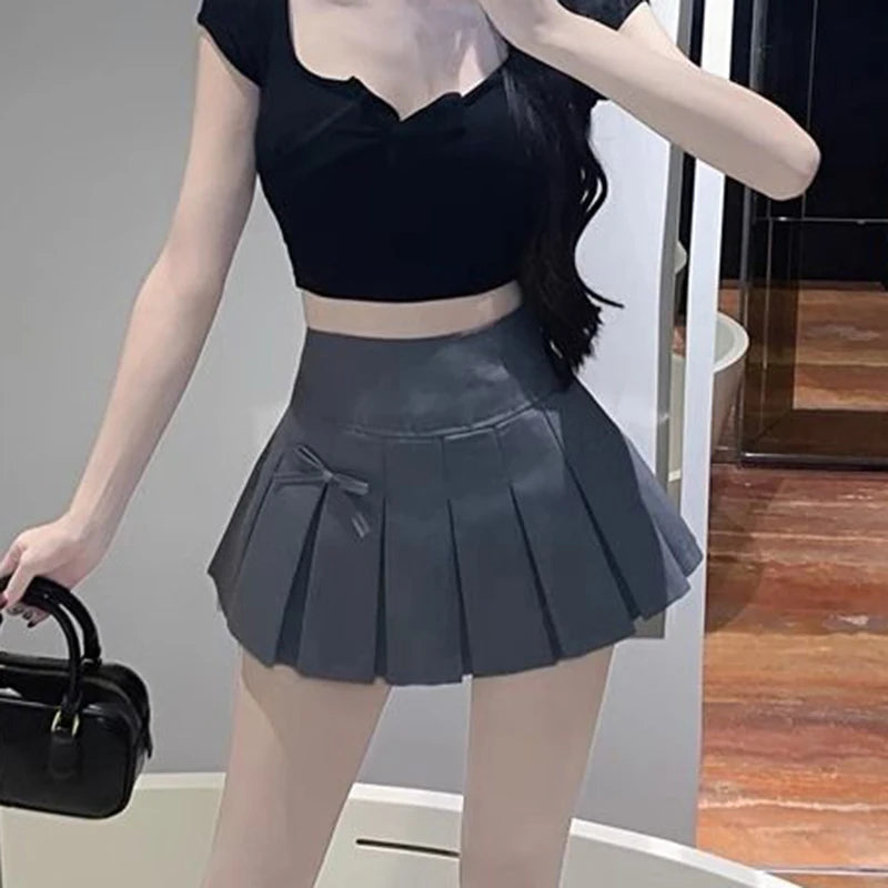 Bow Decor Women's Pleated Mini Skirts Korean Fashion High Waist Short Skirt Woman Streetwear Dance Tennis A Line Skirt Female