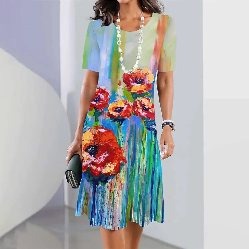 2024 New Spring Women's Dresses Floral Printed Elegant Casual Short Sleeve Dresses Fashion Oversized Women's Dresses