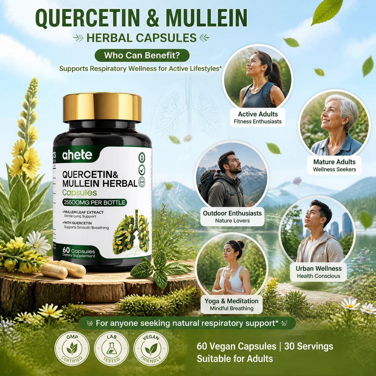 AHETE Mullein Leaf & Quercetin Capsules - High Potency Mullein And Quercetin, Lung Support Formula. Supports Respiratory Health.