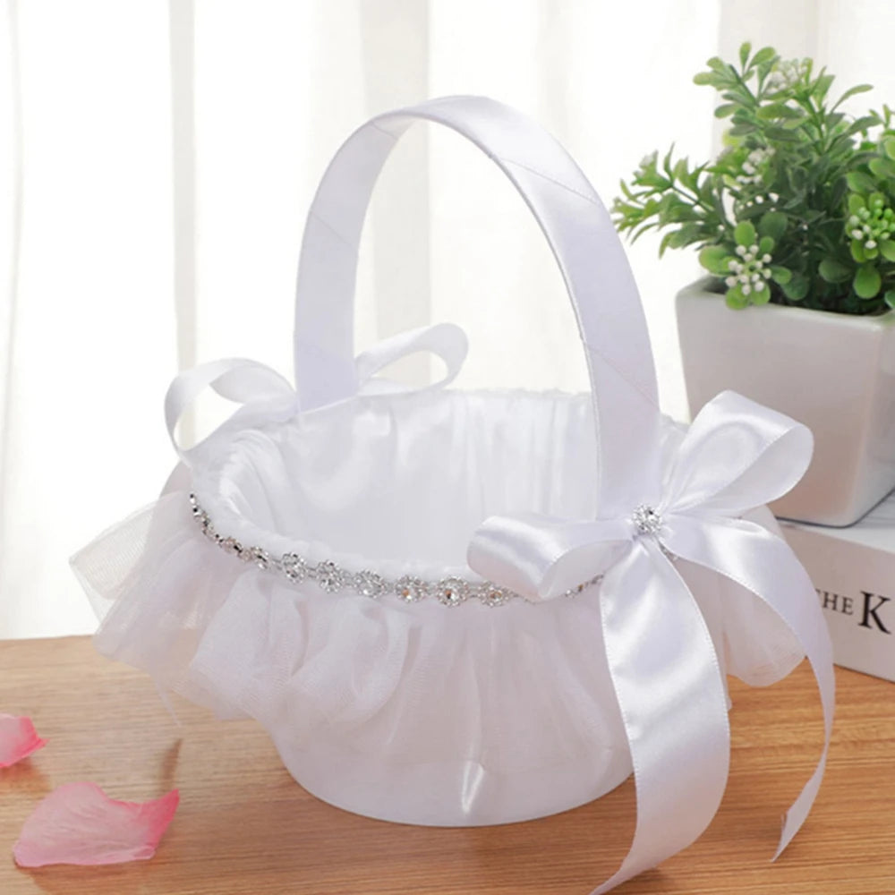 White Flower Girls Basket Simple Wedding Flower Basket  Bride Bridesmaid Hand Held Basket Wedding Ceremony Party Decorations