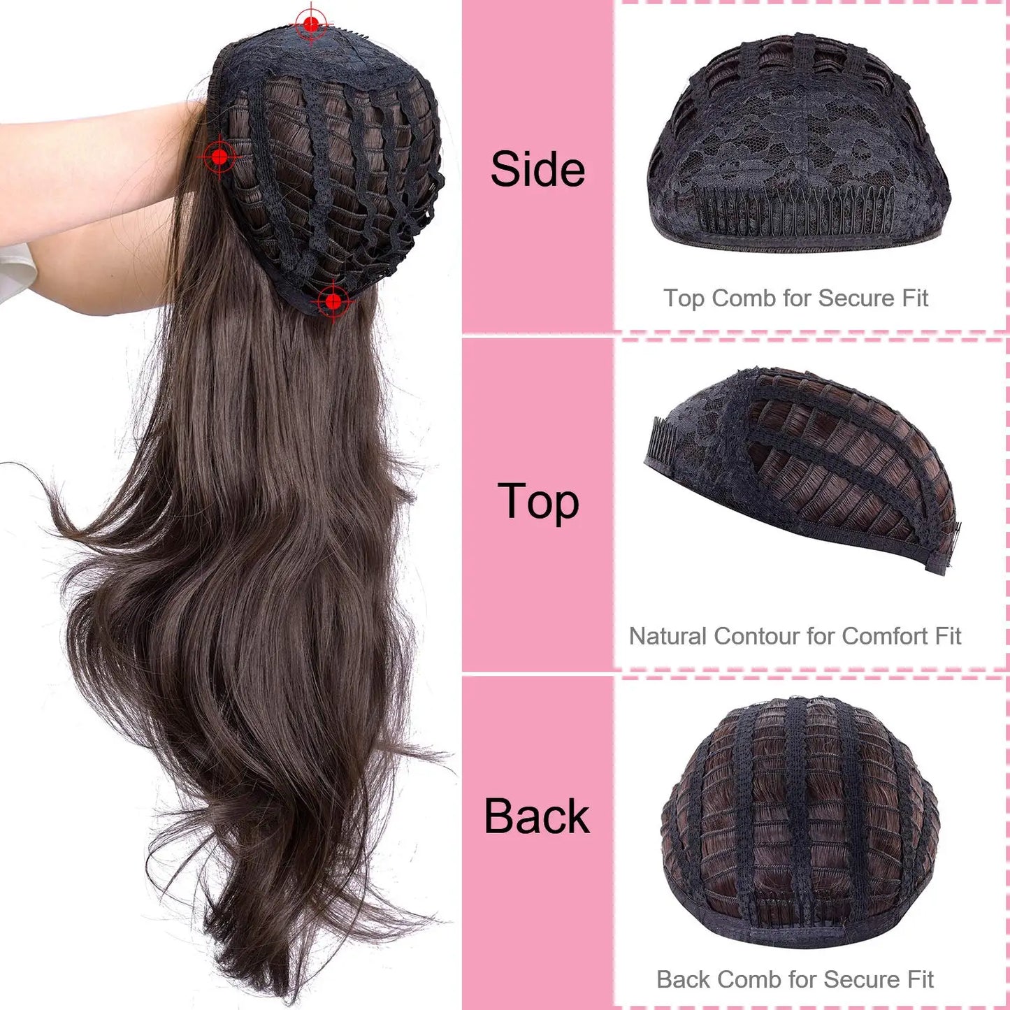 24 Inch Long Wavy Head Tied  3/4 Half Wigs With Clips In, Synthetic Fibers Hair Extension Wigs For Women