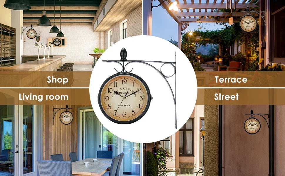 Double Sided Train Station Waterproof Wall Clock For Garden Retro Wrought Iron Metal Wall Clock Silent Indoor Outdoor Decoration
