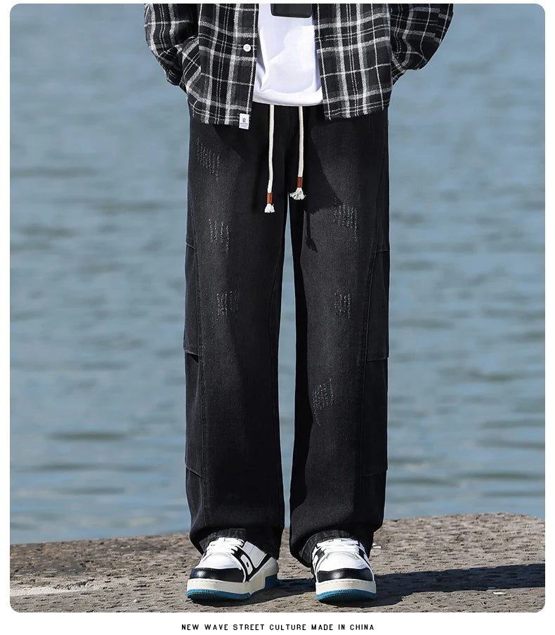 Jeans men's American high street vintage washed crease splicing men's spring and fall models loose straight pants