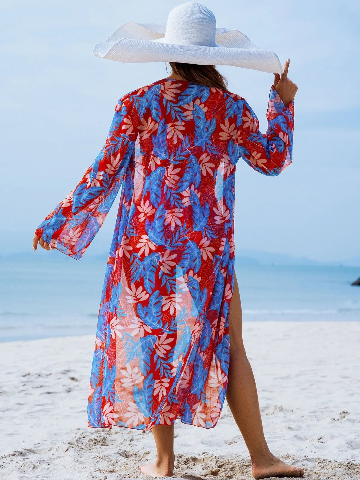 Women 3 Pieces Underwire Floral Bikini Set V Neck High Waist Swimsuit With Long Sleeve Kimono Cover Up Beach Bathing Suit