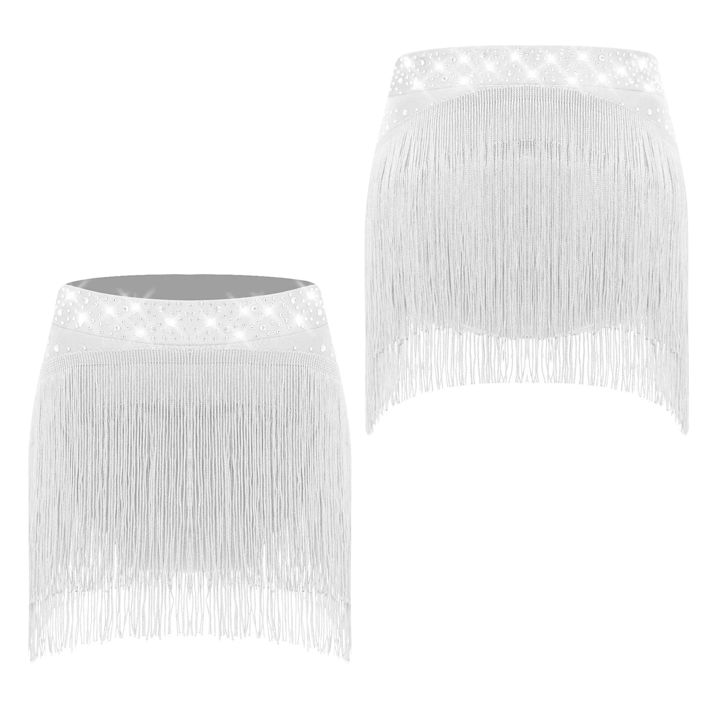 Girls Sparkly Sequins Latin Jazz Tango Dance Skirts Elastic Waistband Fringe Skirt with Safety Shorts Dance Performance Costumes