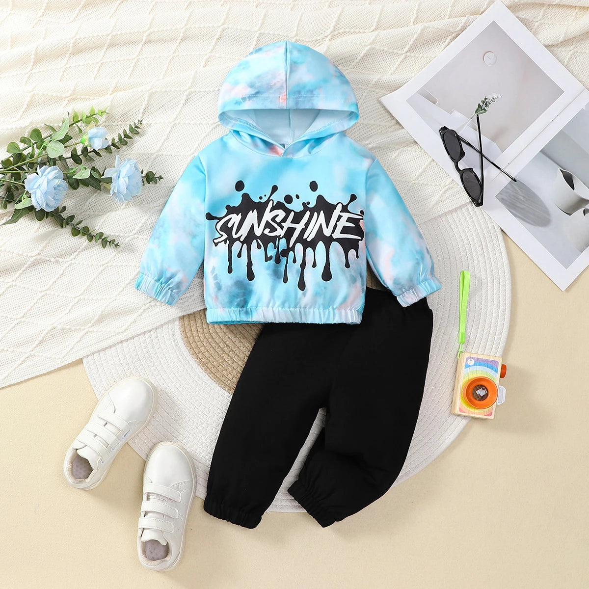 Baby Boys 2-Piece Set Fashionable Casual Tie Dye Hooded Long Sleeve Top And Pants Autumn Winter Clothes for Kids