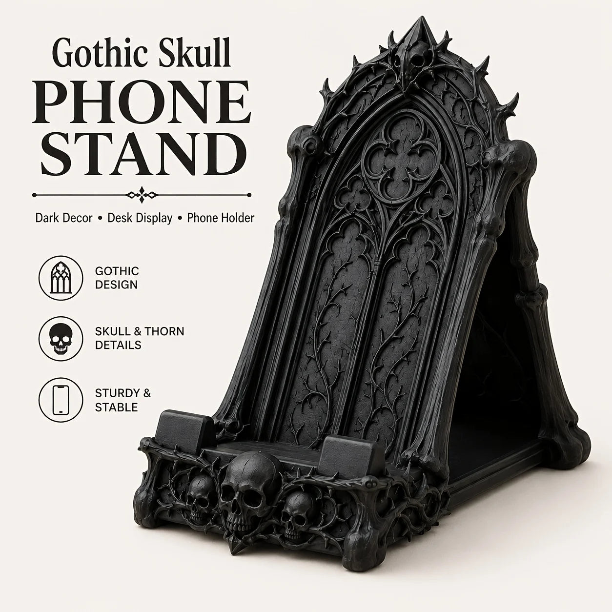 Gothic Skull Phone Stand, Dark Gothic-style Desktop Phone Holder, featuring details of skulls and thorns, decorative phone stand