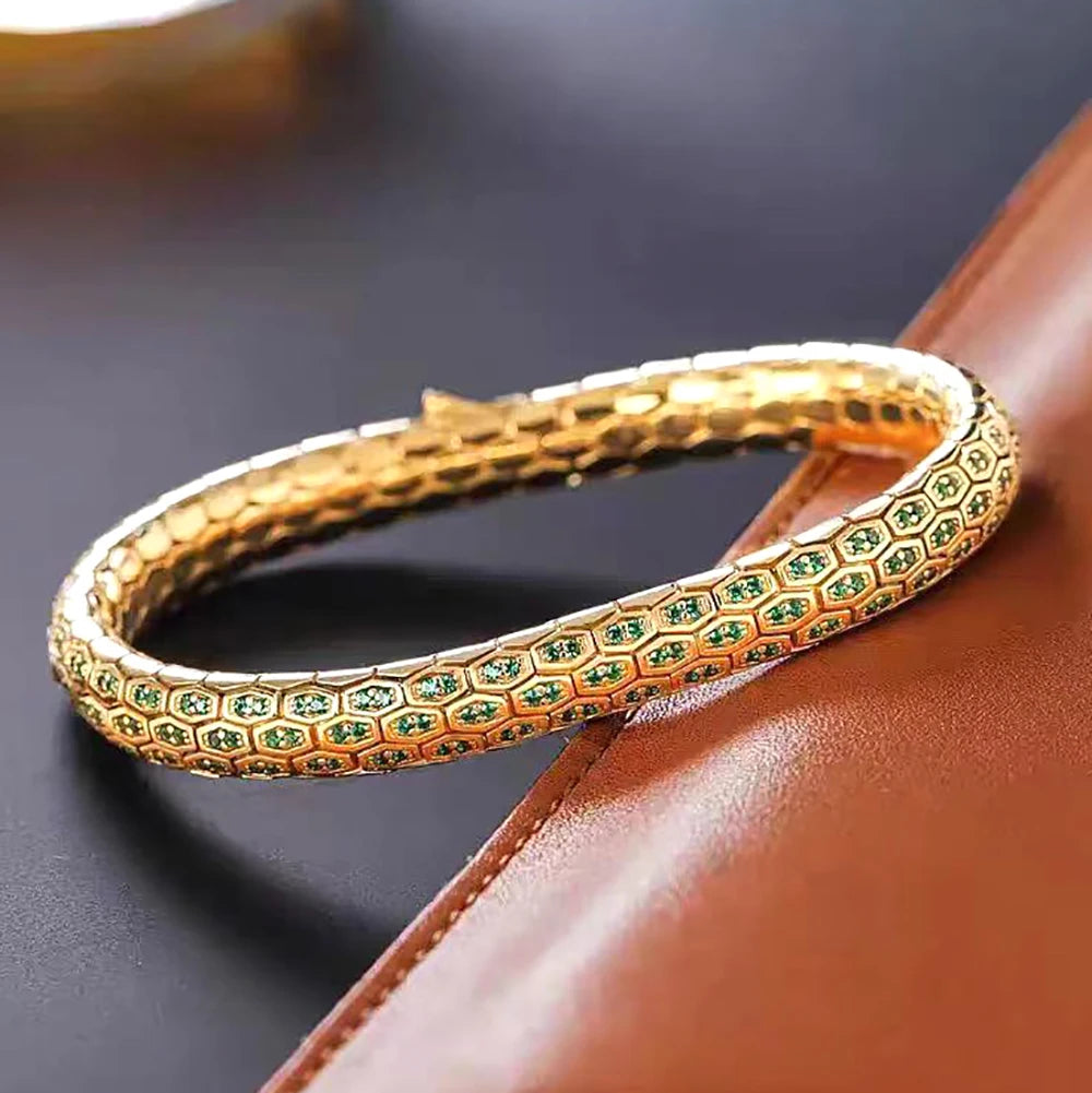 Serpent Honeycomb Bangle Micro Pave CZ Sapphire White Green Black Crystal Zircon Anti-tarnish Party Jewelry for Her Him