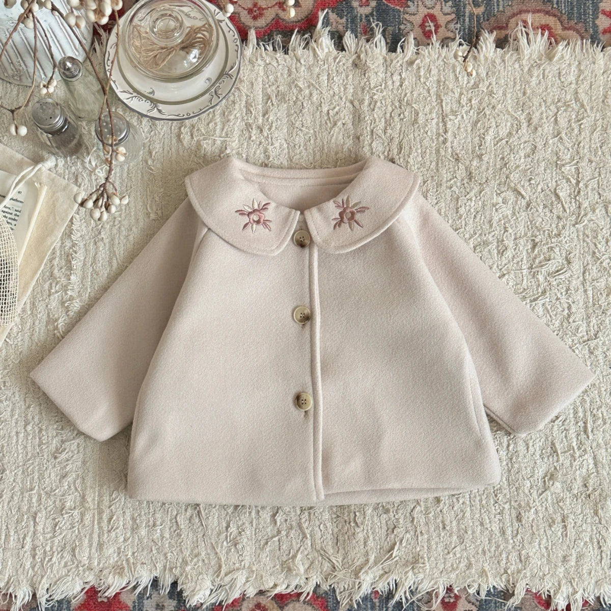 Soft Warm Baby Woolen Fabric Coat Beige/Camel Cute Sun Embroidery Lapel Jacket Infant Toddler Autumn Winter Going Out Outerwear