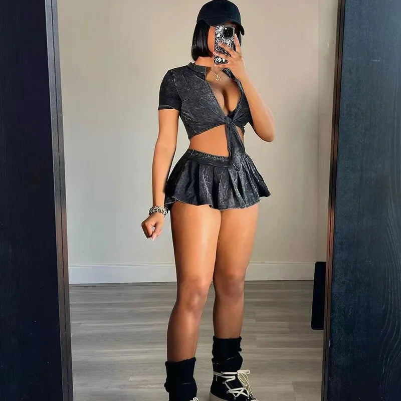 Streetwear Party Club Co Ord Sets for Women 2 Piece Set Outfit Summer Lace-up Crop Top and Mini Skirt Sets Conjuntos Para Vestir