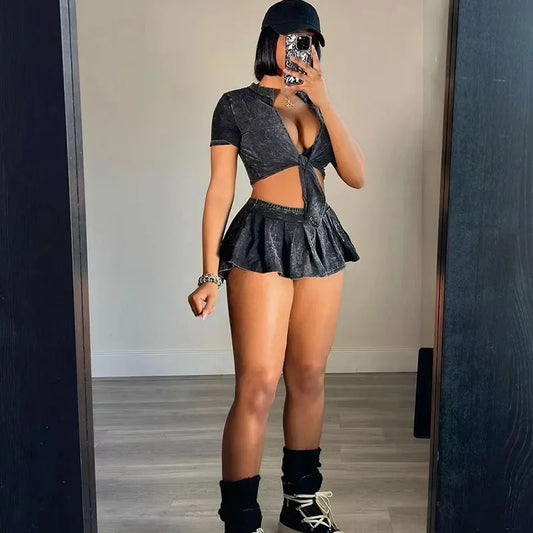 Streetwear Party Club Co Ord Sets for Women 2 Piece Set Outfit Summer Lace-up Crop Top and Mini Skirt Sets Conjuntos Para Vestir