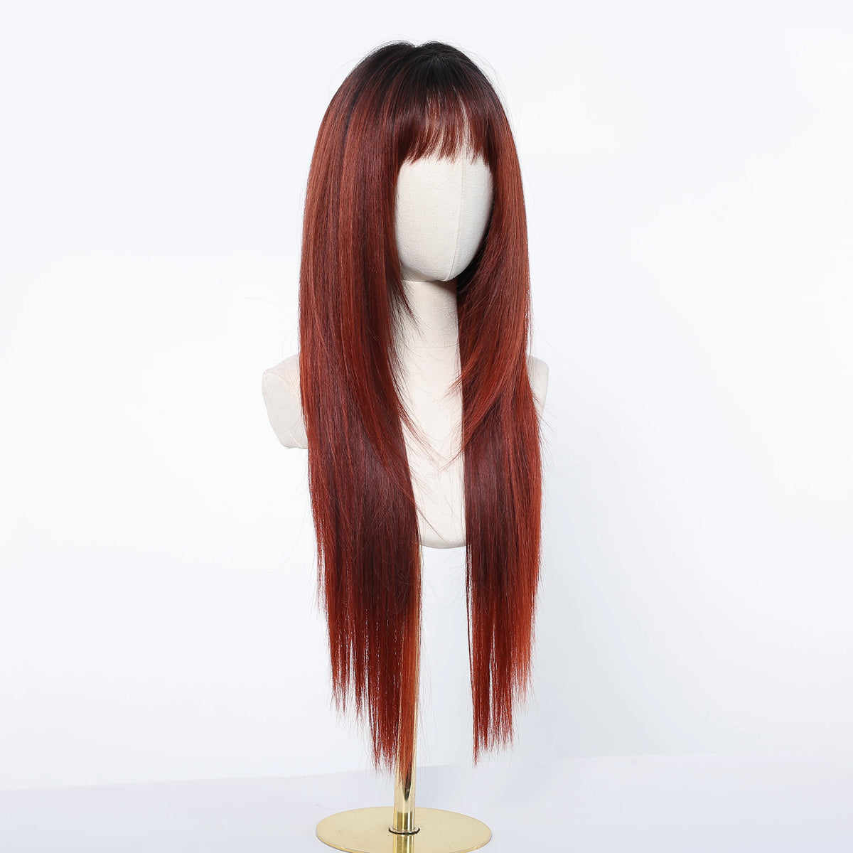 Burgundy Wine Red Ombre Layered Synthetic Wigs With Bangs Super Long Straight Wig For Women Cosplay Natural Daily Heat Resistant