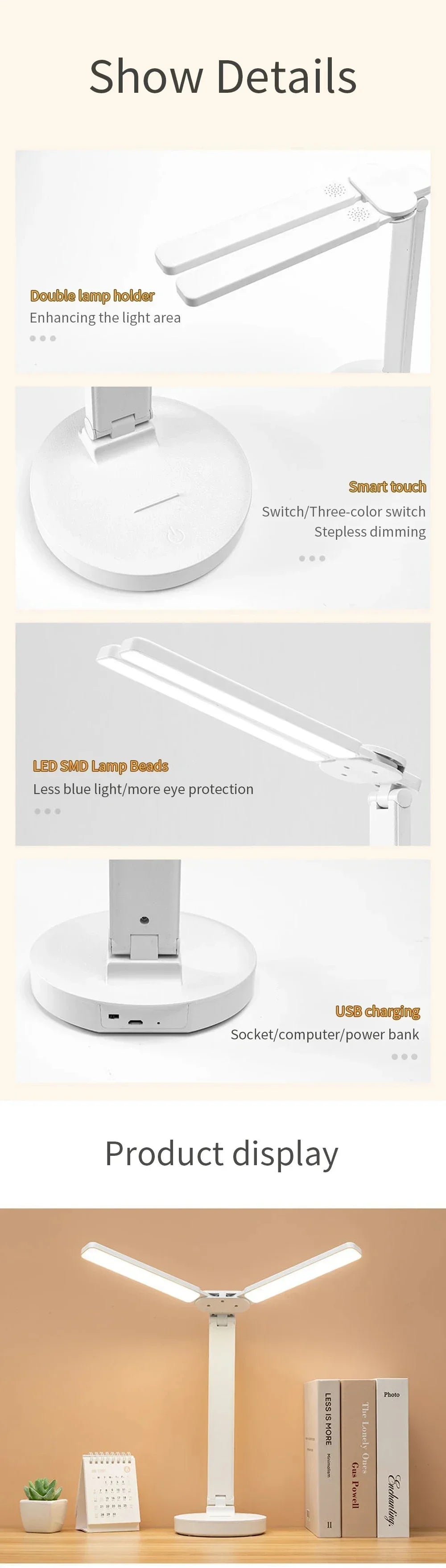 LED Desk Lamp 3 Levels Dimmable Touch Night Light USB Rechargeable Eye Protection Foldable Table Lamp For Bedroom Bedside Readin