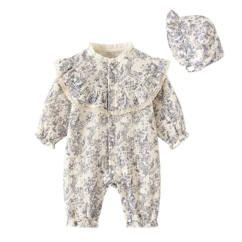 Bellbell Infant Baby Girl Rompers Early Autumn Floral Printed Toddler Kid Girl Jumpsuits 6-24M Newborn Girls Bodysuits with Hats