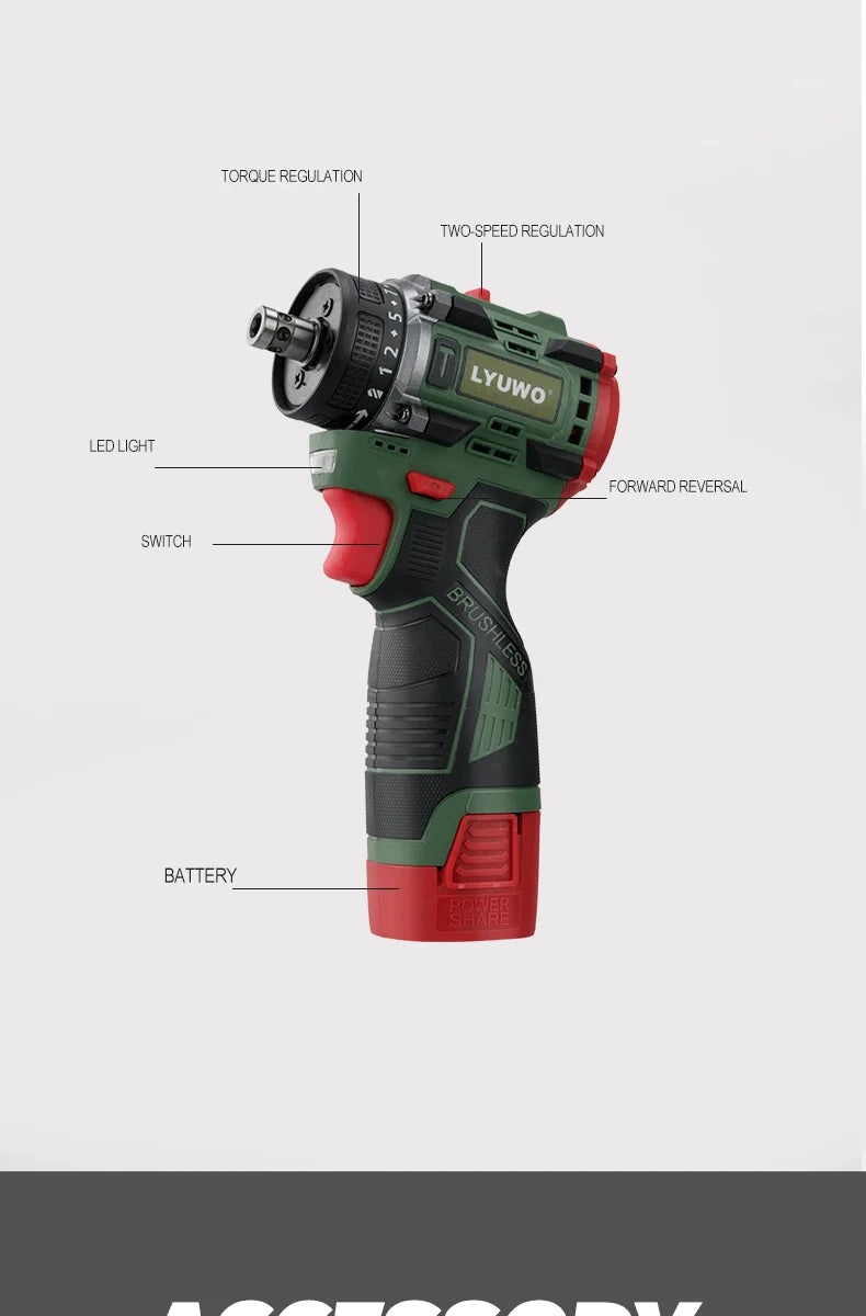 LYUWO Brushless Cordless Electric Screwdriver Kit with Fast-Charging Battery,LED Work Light&Ergonomic Grip(Drill/Driver 2-in-1)