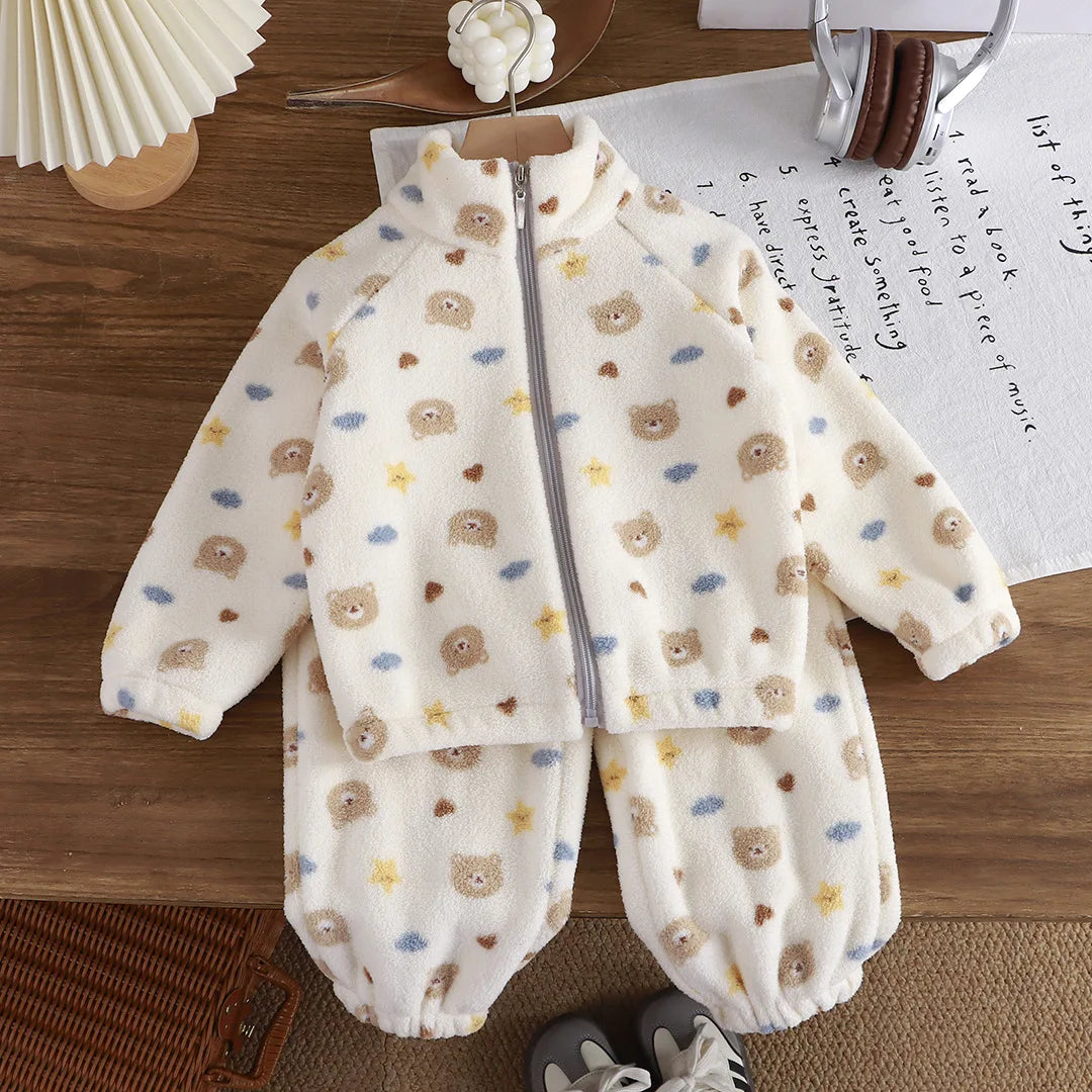 Toddler Baby Autumn and Winter Plus Velvet Thickened Set Cartoon Children's Home Clothes Shaking and Brushed Children's Set