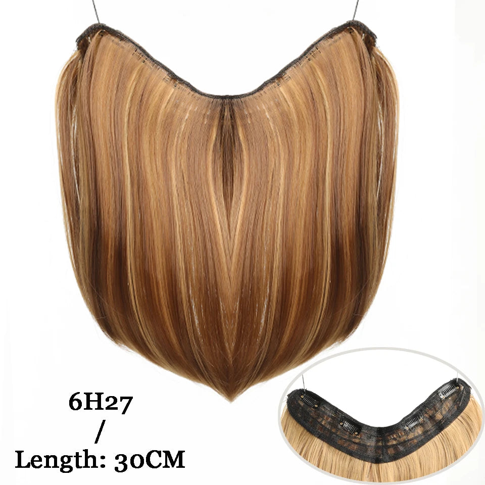 12Inch Synthetic V-shaped Layered 4 Clips Synthetic Long Straight Hair Extension Hairpiece Wig for Women