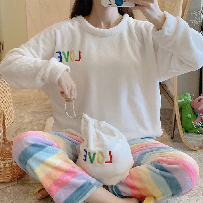 Winter Fleece Thick Women's Pajamas Set Cute Bear Plaid Long Sleeve Womens 2 Piece Outfit Set Printing Pijamas Set for Woman