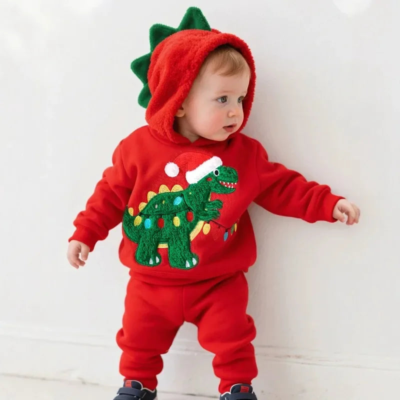 Newborn Baby Red Dinosaur Romper 2-Piece Set Hooded Bodysuit Jumpsuits One-pieces Christmas Toddler Outfits