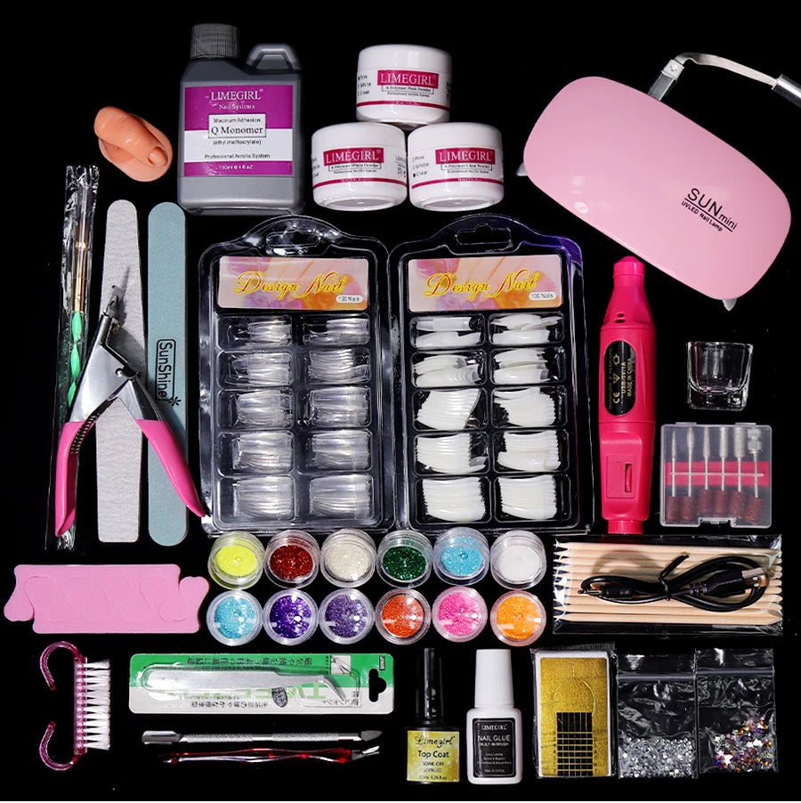 Nail Acrylic Powder Kit Professional Nail Art DIY Extended Mold Acrylic Gel Set Nail Glitter Powder 3D Nail Tips Carving Tools