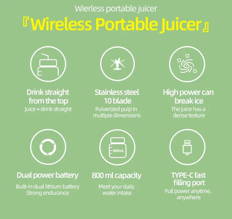 Wireless Portable Juicing Bucket Electric 800ml Sports Cup Fresh Fruit Juicer With Large Capacity and 10 Stainless Steel Blades
