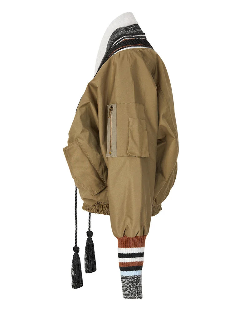 DEAT Fashion Women's Jacket Rivet Patchwork Tassel V-neck Long Sleeve Single Breasted Contrast Color Coat Spring 2025 New CP0361