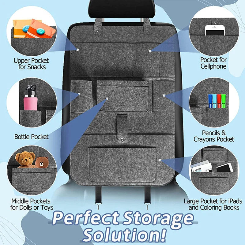 Car Back Seat Hanging Felt Storage Bag Multi-pocket Phone Ipad Water Cup Tissue Magazine Storage Bag Anti-kick Pad Car Organizer