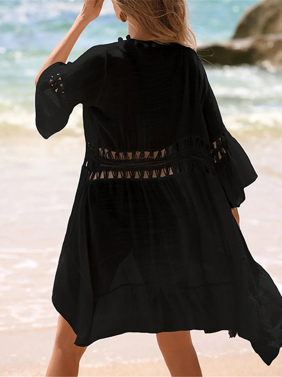 Cover-ups Beach Dress Beachwear Female Women Beach Wear V Neck Half Sleeve Splicing Crochet Knitted Tunic Beach Cover Up V7660