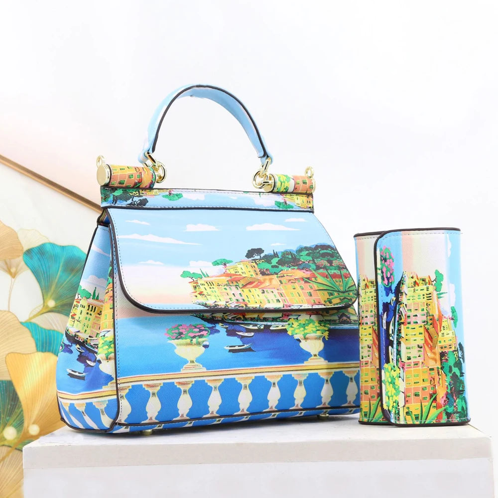 Luxury Women Bags Leather Vintage Painting Art Purse Handbags Girl Shoulder Bag Fashion Cross Body Messenger Bag Female Totes