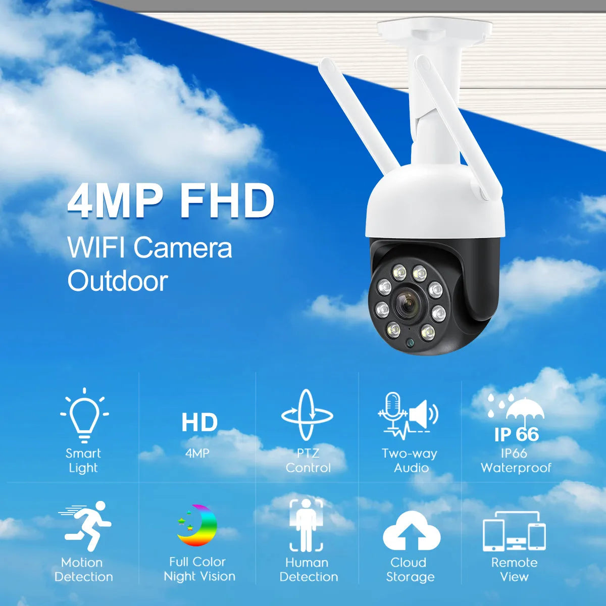 MISEC HD 4MP PTZ Wifi Wireless IP Camera Outdoor Human Detect  Two Way Communication Security Surveillance  Color Night Vision