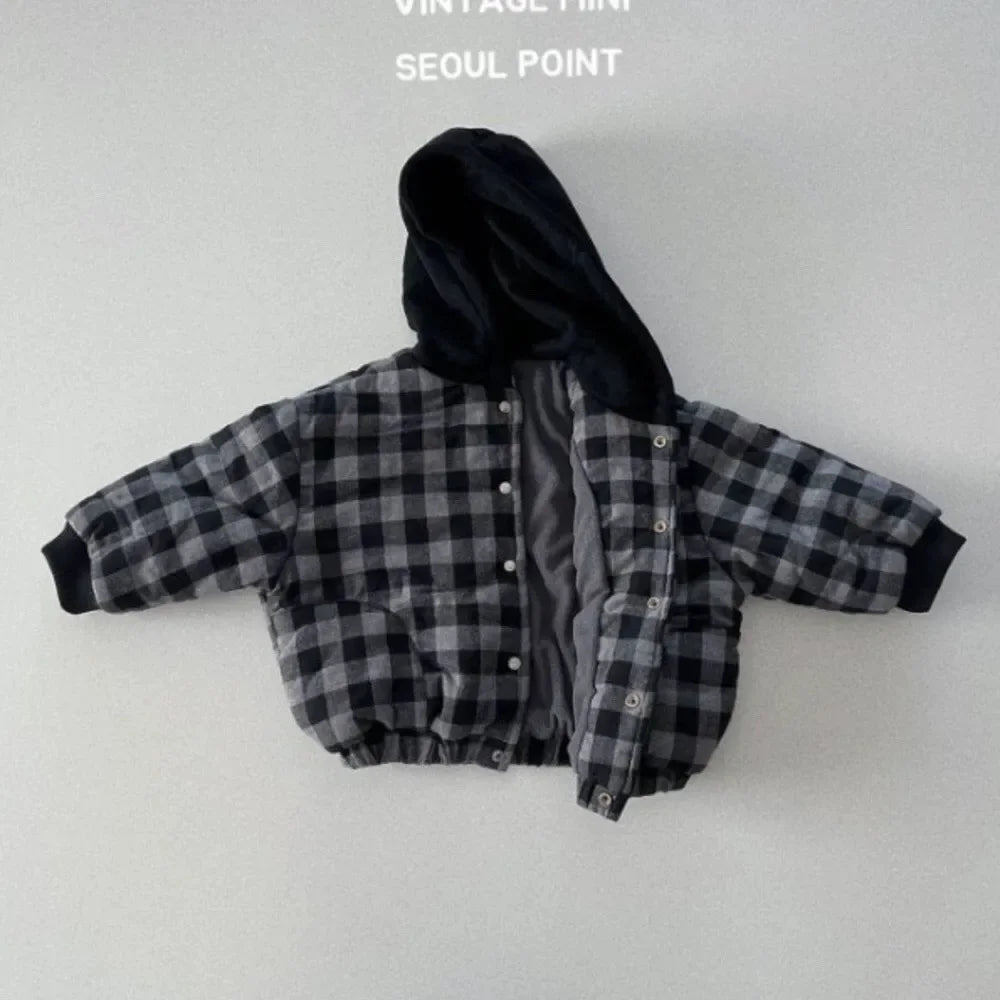 2025 Winter New Baby Warm Plaid Coat Kids Boys Girls Hooded Cotton Padded Jacket Kids Vintage Windproof Tops Children Clothes