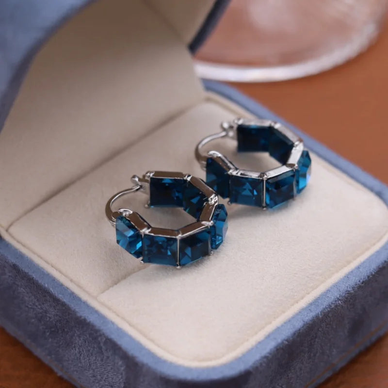 2025 Korean new design fashion jewelry luxury square blue crystal hoop earrings elegant women's daily work accessories