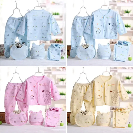 5pcs Newborn Baby 0-3m Clothing Sets Baby Boy Girl Top 2 Pants Hat Bibs Clothes Cotton Cartoon Underwear Infant Breathable Suit