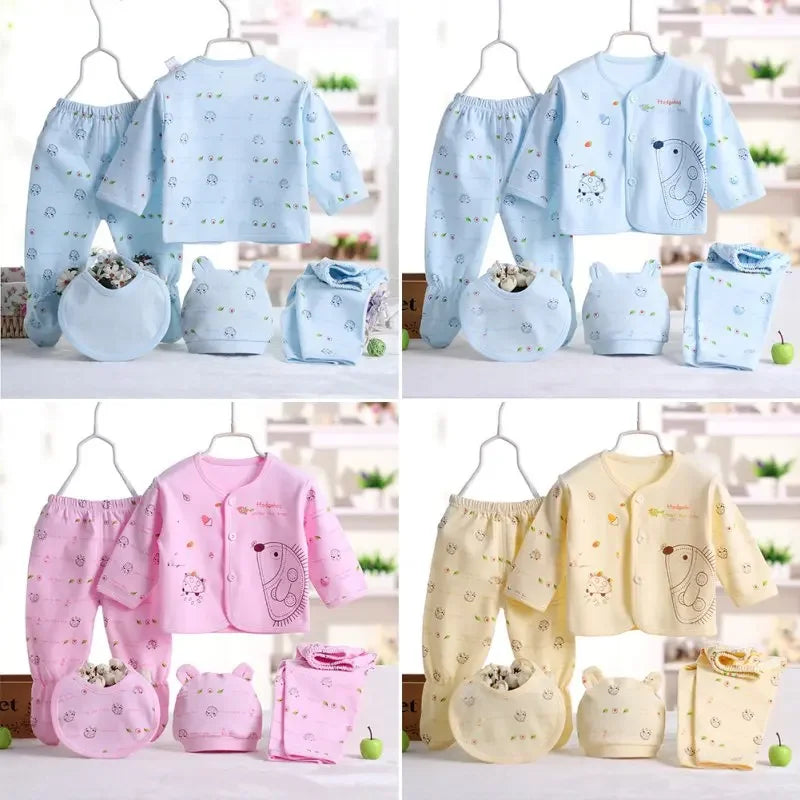 5pcs Newborn Baby 0-3m Clothing Sets Baby Boy Girl Top 2 Pants Hat Bibs Clothes Cotton Cartoon Underwear Infant Breathable Suit