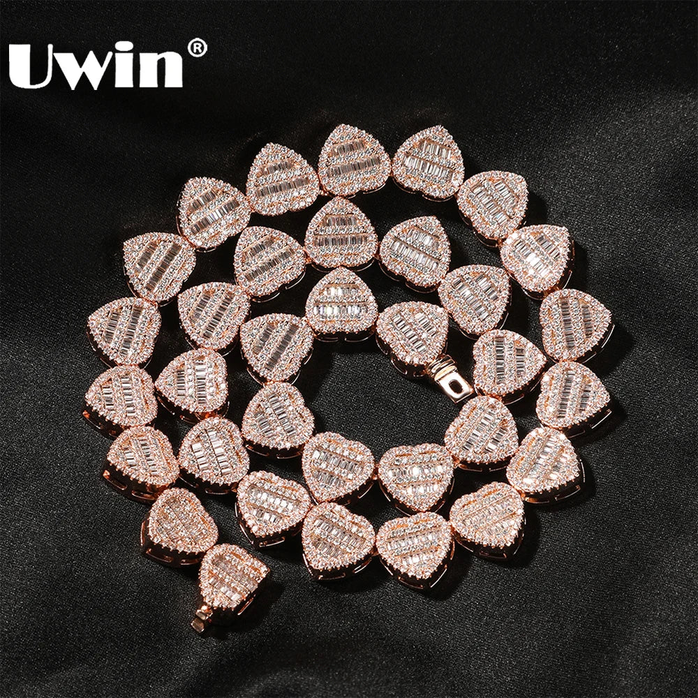 UWIN BaguetteCZ Heart Chain Necklaces for Women Iced Out AAAAA Cubic Zirconia Tennis Chain Necklaces Fashion Jewelry for Gift