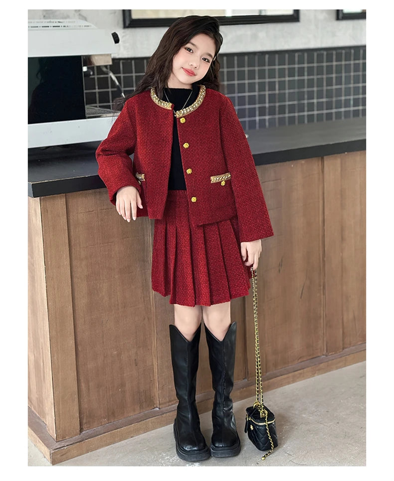 design winter teen girl clothes set beaded round neck jacket+Pleated skirt 2pcs Christma junior children outfit kids suit 4-14