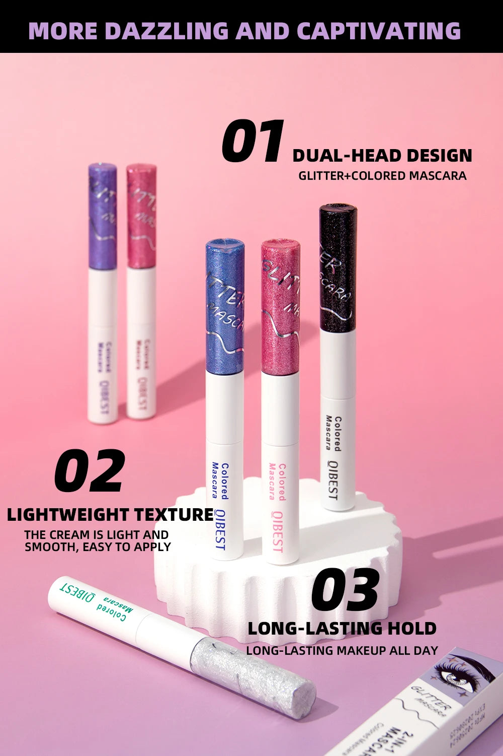 QIBEST Double Head Diamond Glitter Mascara Lasting Colored Mascara Eyelashes Pink Blue Green Red Brown Voluminous Mascara Rimel