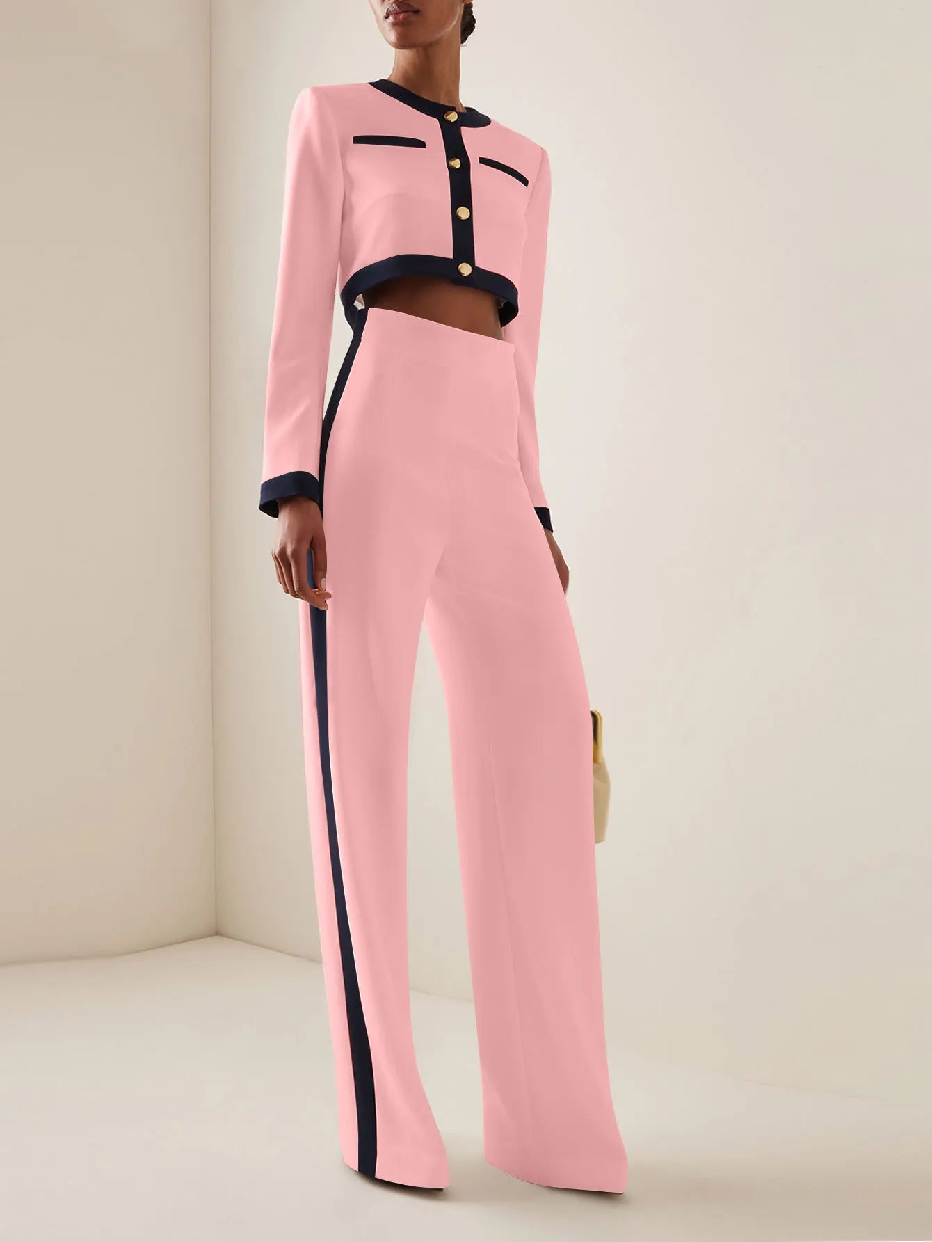 Elegant Women Slim Office Outfit Spring Autumn Fashion Contract Color Show Style Long Sleeve Button Tops & High Waist Pants Suit