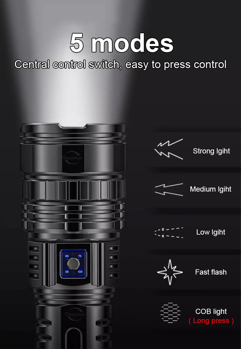 500000LM Ultra Bright LED Flashlight Bult-in Battery Most Powerful Flashlights Tactical Lantern COB Lights Emergency Spotlights