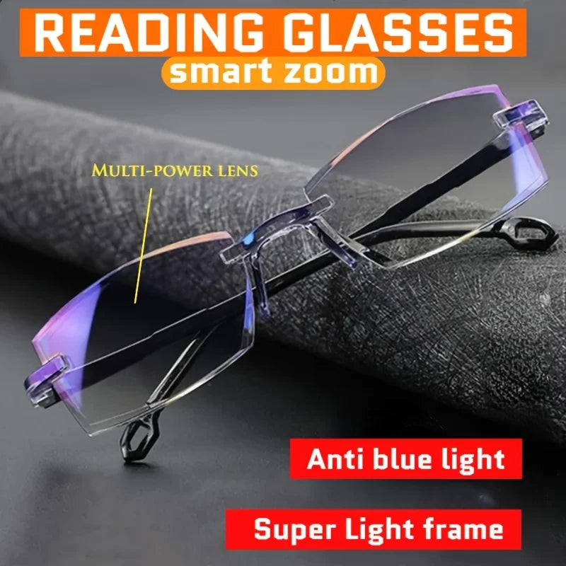 Intelligent Zoom Reading Glasses Women Men Rimless Anti Blue Light Bifocal Presbyopia Glasses for Near and Far Viewing