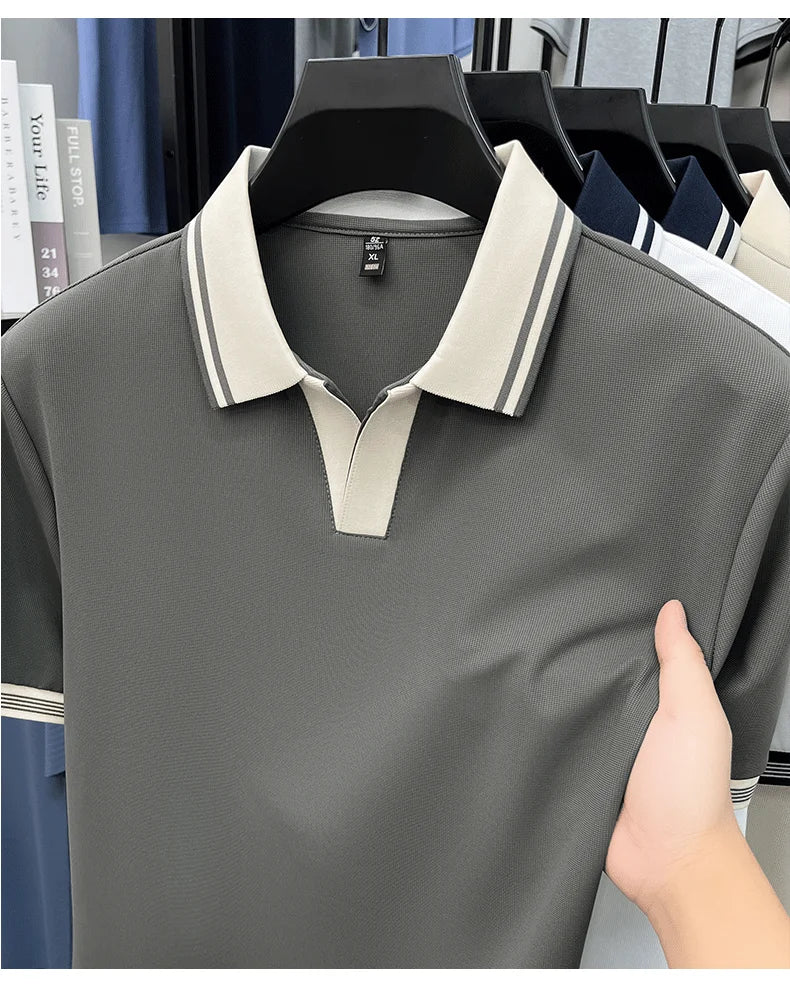 Light luxury summer new short sleeve polo shirt silky breathable high-end men's fashion personalized color blocked lapel T-shirt
