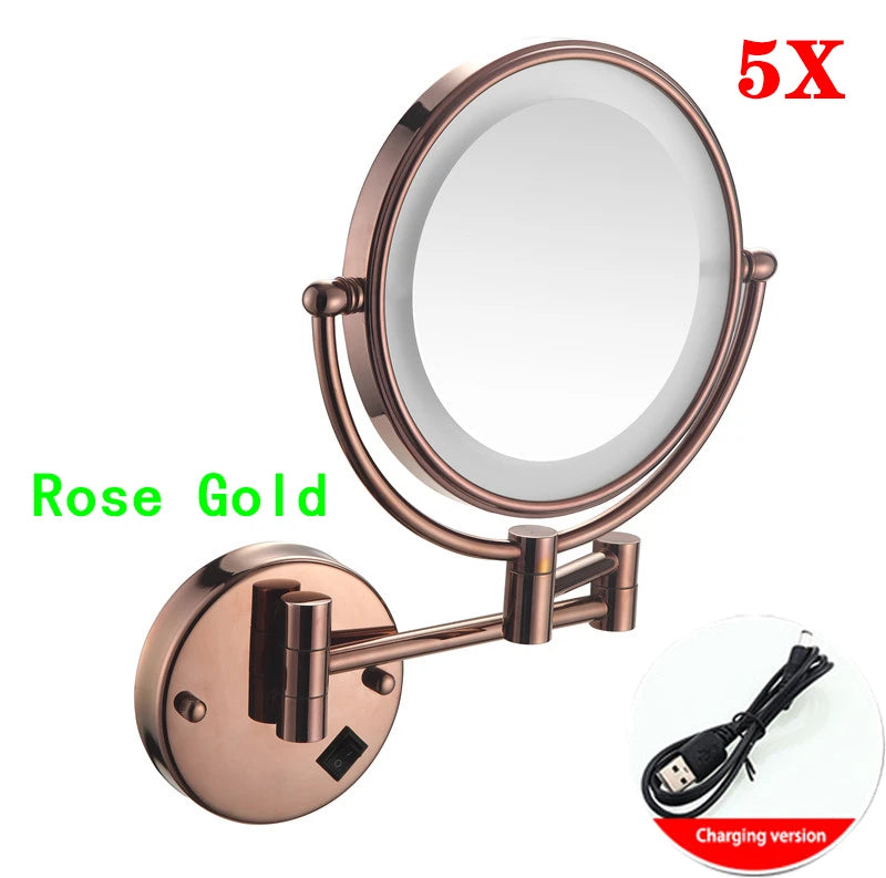 Brushed Gold LED Makeup Mirror with Brass Folding Bathroom Mirrors of 8 Inch 3X 5X Maynifying Makeup Mirror Dual Face LED Mirror