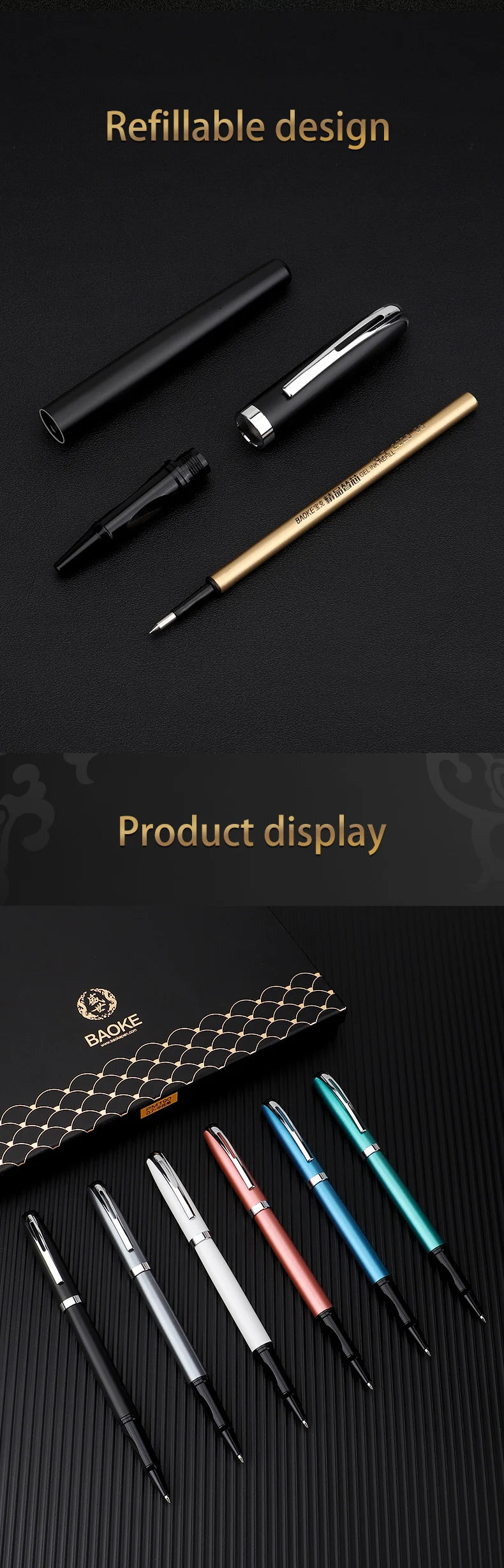 BAOKE PM180 Luxury 0.7mm Metal Gel Ink Pen Set Black Ink 6 Barrel Color Smooth Writing Bullet Tip For Office , Gift，Writing