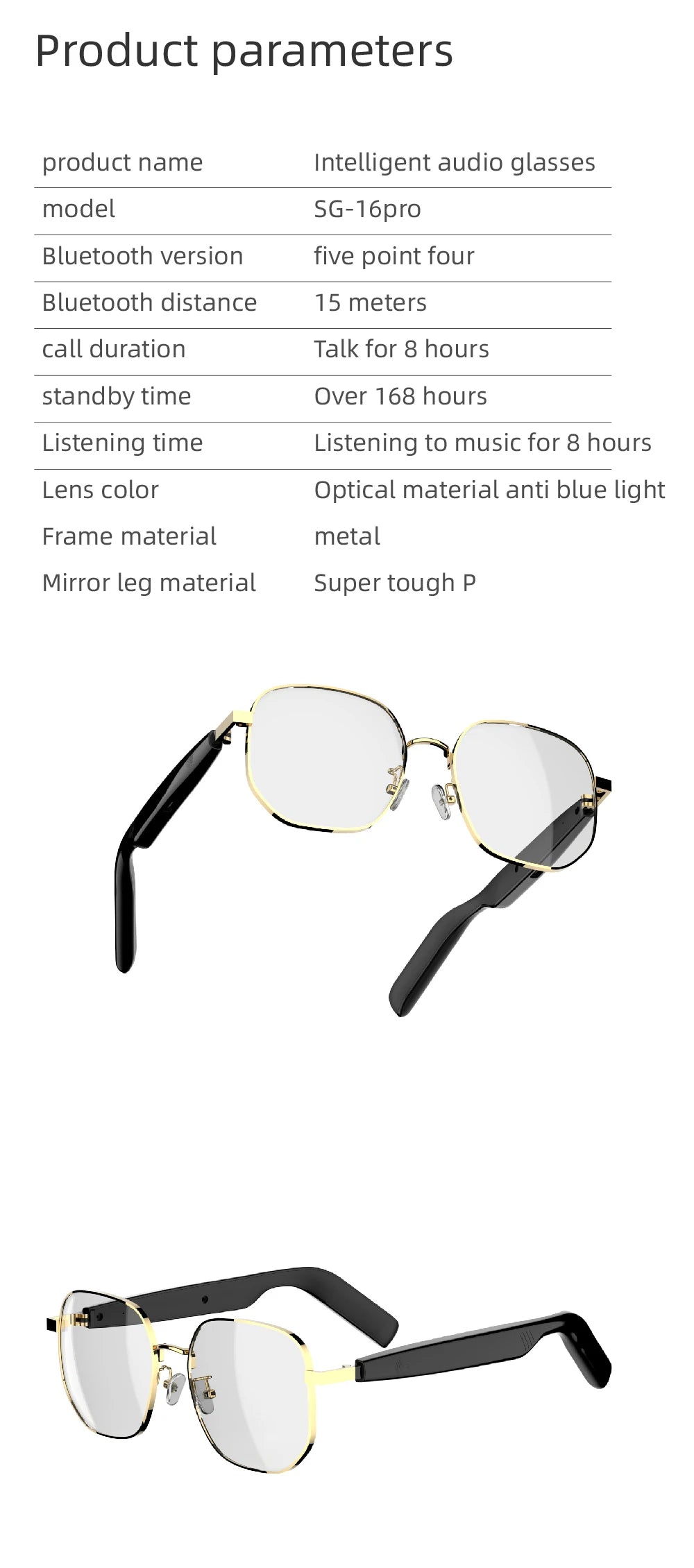 SG-16Pro New Trendy Smart Glasses Anti Blue Light Gold frame Sunglasses Music Stereo For Jogging Workouts SG16 PRO