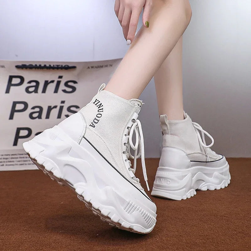 Women Sneakers High Top Platform Breathable Leather Shoes 2023 Autumn Ladies Wedges Casual Shoes For Woman Sports Dad Shoes 8CM