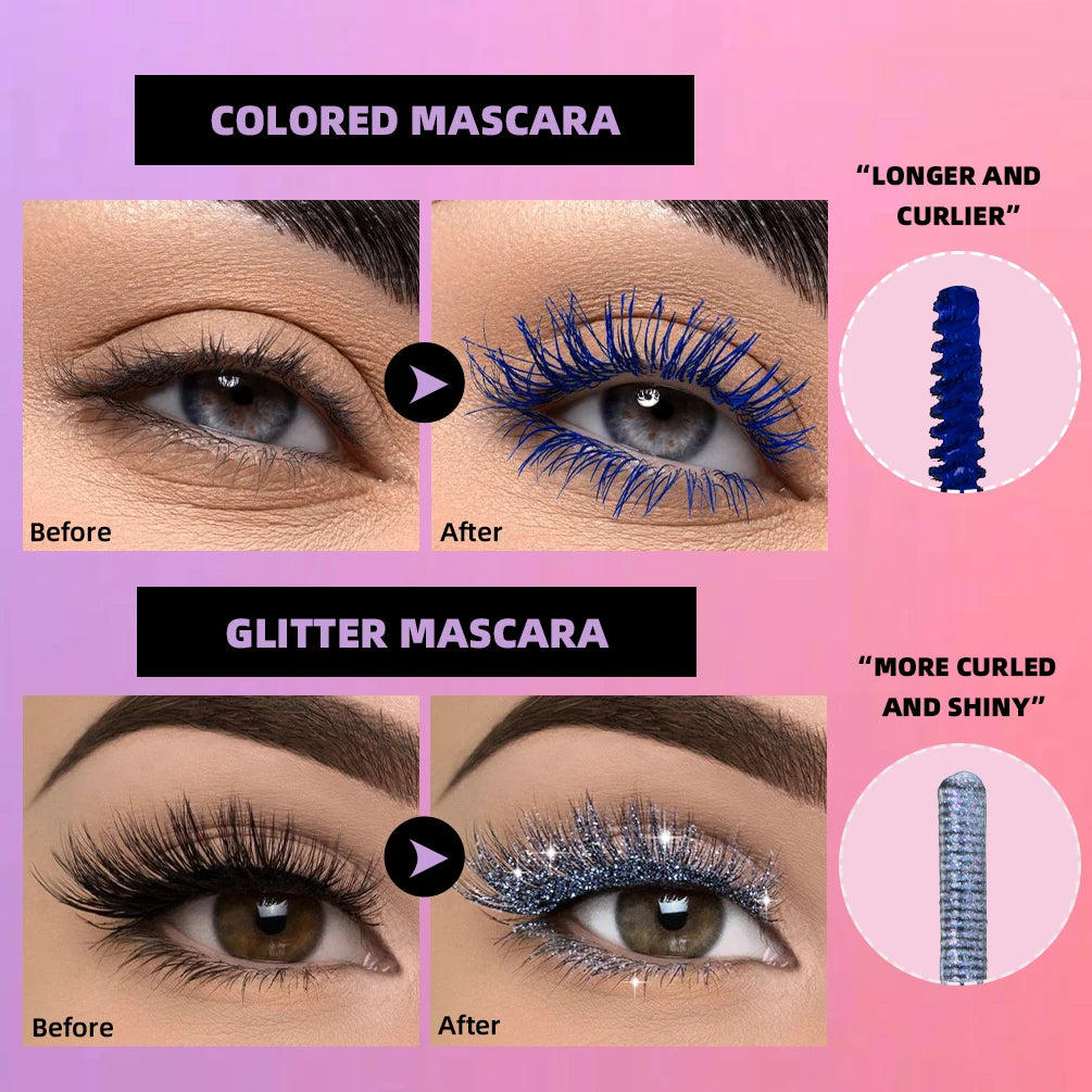 QIBEST Double Head Diamond Glitter Mascara Lasting Colored Mascara Eyelashes Pink Blue Green Red Brown Voluminous Mascara Rimel