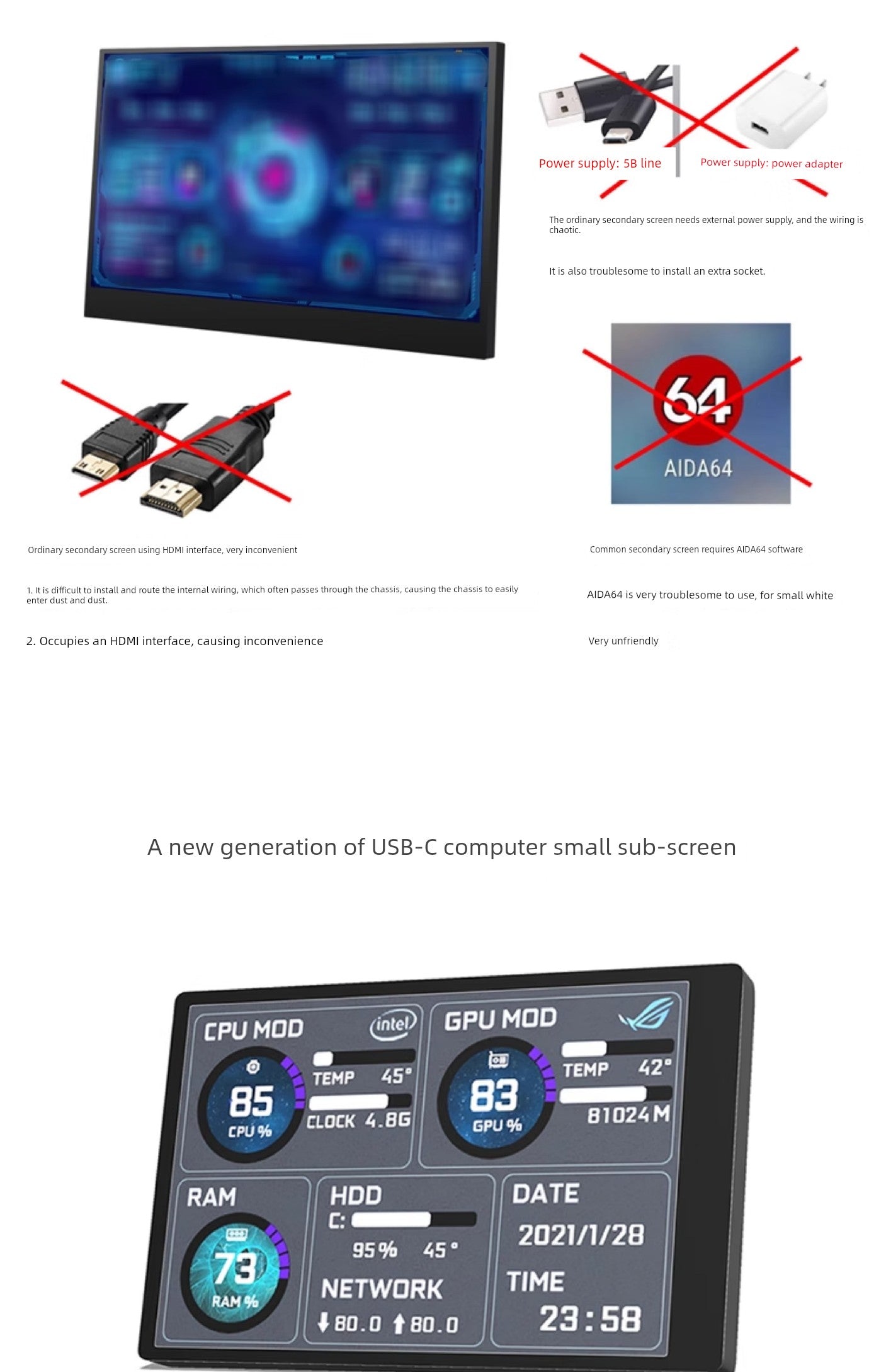 3.5-Inch Computer Sub-Screen IPs Full View USB-C Chassis Sub-Screen Computer Status Monitoring Installation-Free Aida64
