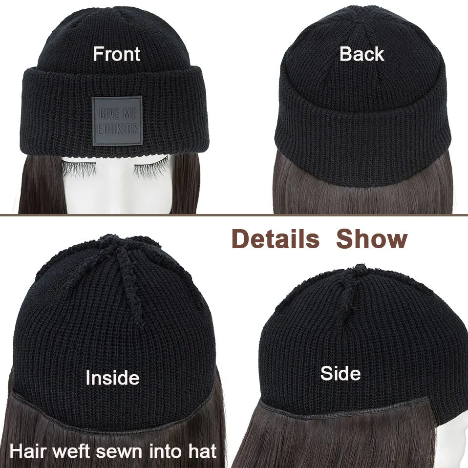 Hat Wig Knitted Beanie Wig Hat Hair Extension Straight Wig Hat Attached 11 Inch Synthetic Hairpiece for Women Girls Winter