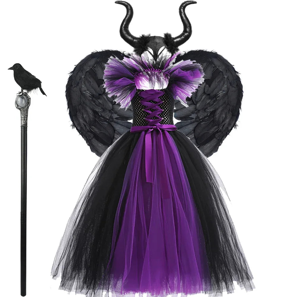 Halloween Costume For Kids Black Purple Witch Dress Luxury Lace Evil Role Playing Costume Maleficent Dress Up Outfit Tulle Dress