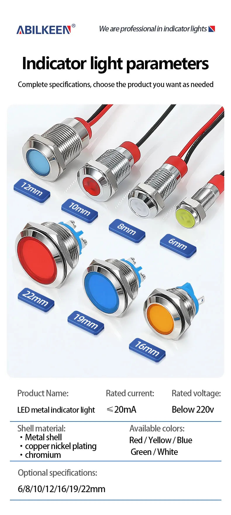 ABILKEEN 20PCS 6MM Mini Industrial Signal Indicator Light 3-6V 12-24V 110V 220V  IP65 Waterproof Metal Pilot Light